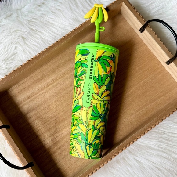 Starbucks x Farm Rio Yellow/Green Tropical Banana Tumbler with Straw Topper 24oz - Picture 7 of 11